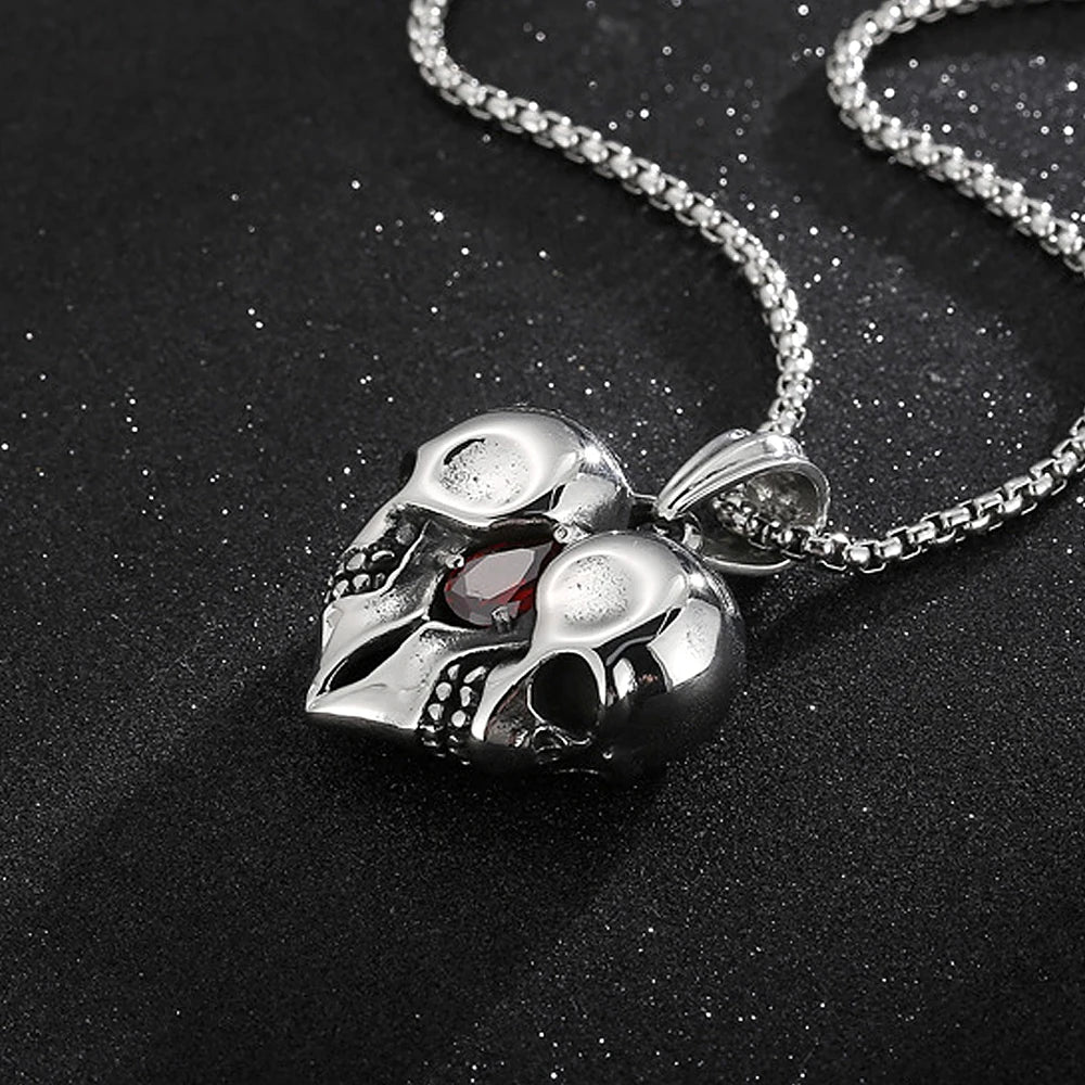 Skull Steel Pendant Punk Vintage Heart Red Stone