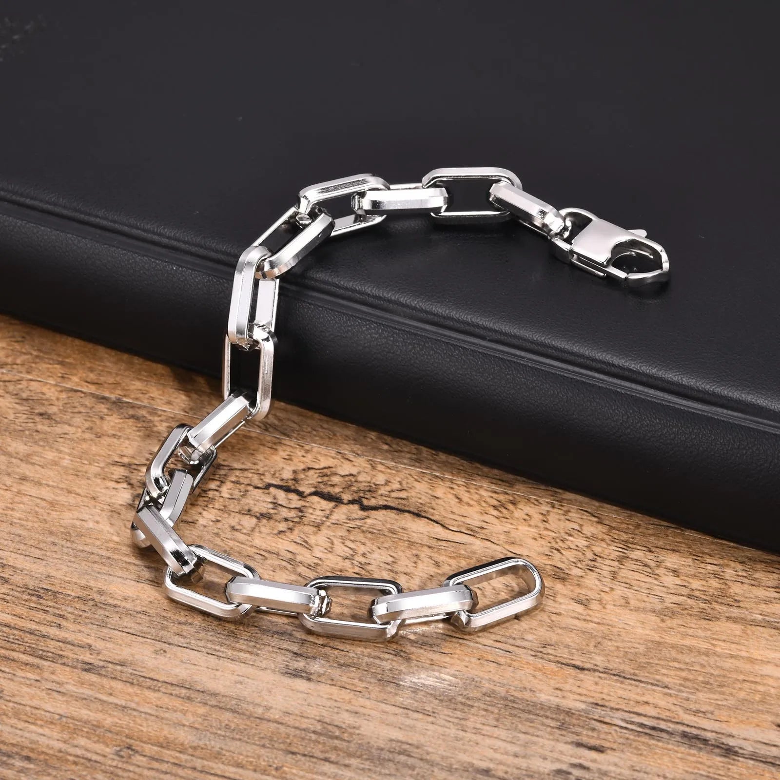 Silver Rectangle Chain Bracelet — Stainless Steel