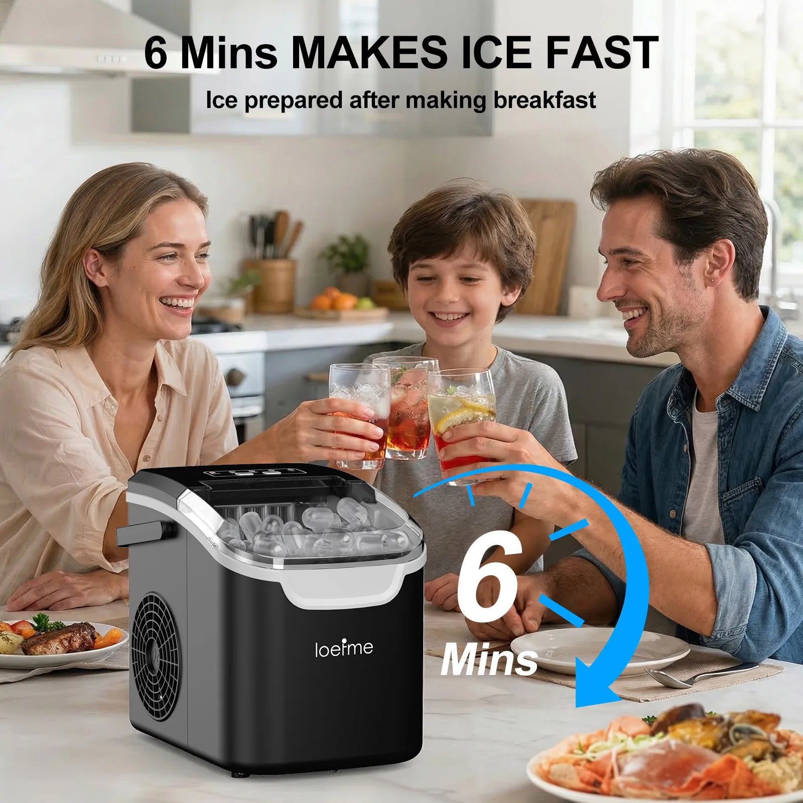 LOEFME 12kg/24h Portable Mini Ice Maker Machine 6 Mins/8pcs 2 Sizes Ice Cubes Home Desktop Ice Maker with Scoop and Ice