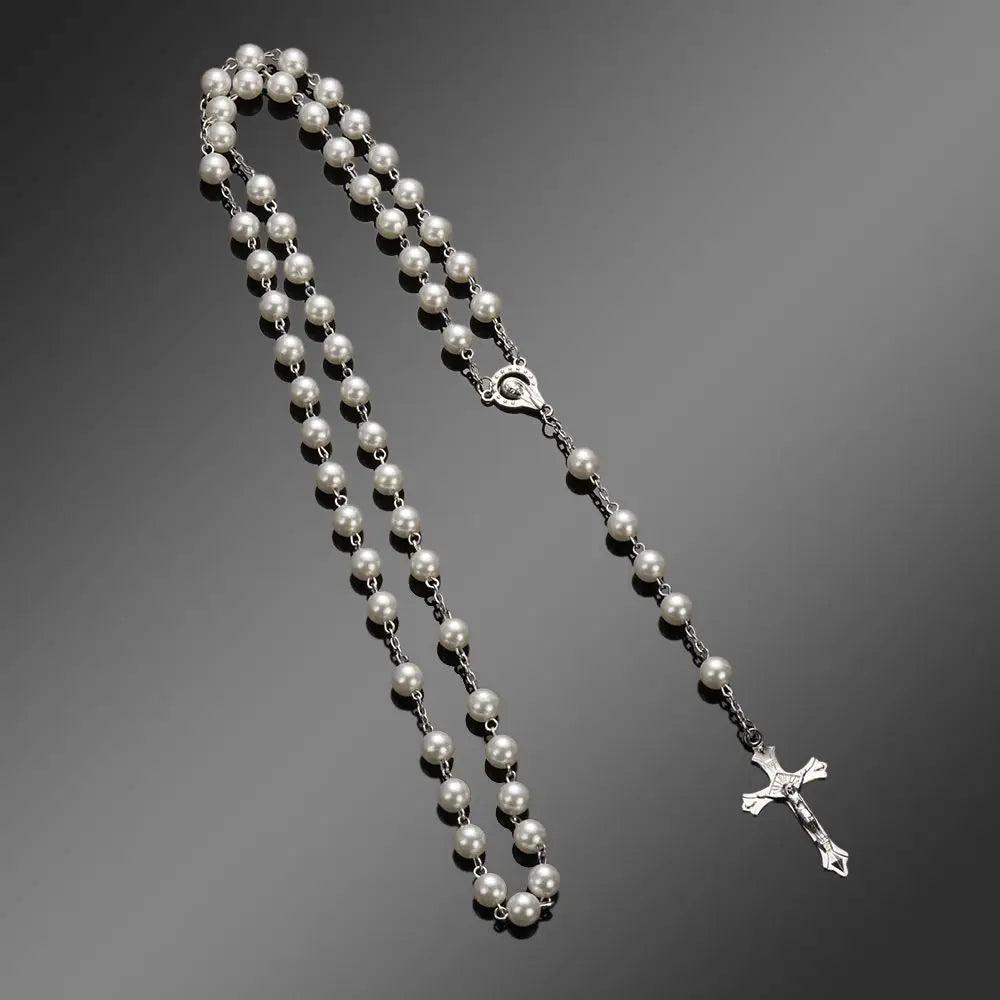 Vintage Catholic Rosary Necklace — Glass Bead Crucifix Cross