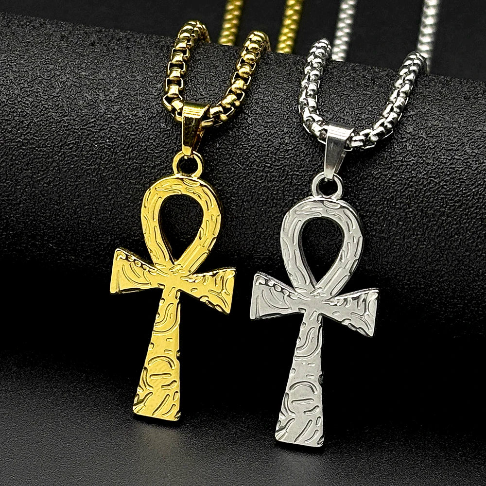 Egyptian Ankh Cross Stainless Steel Pendant Necklace for Women Men Key of Life Symbol Cross Chain Necklaces Amulet
