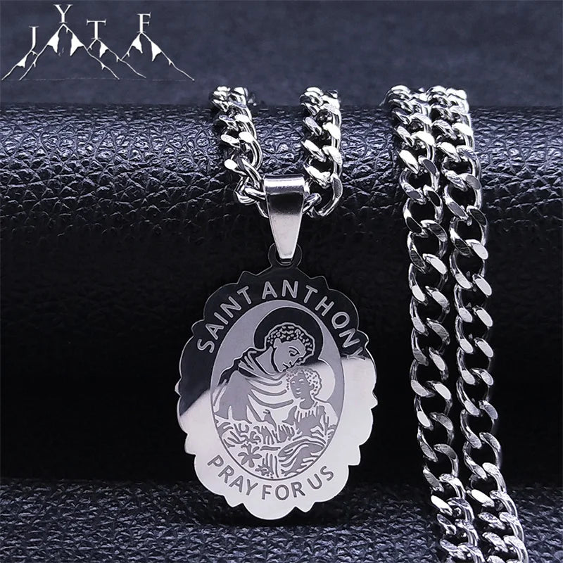 SAINT ANTHONY PRAY FOR US Stainless Steel Archangel Necklace Women/Men Silver Color Flower Necklaces Jewelry religieux