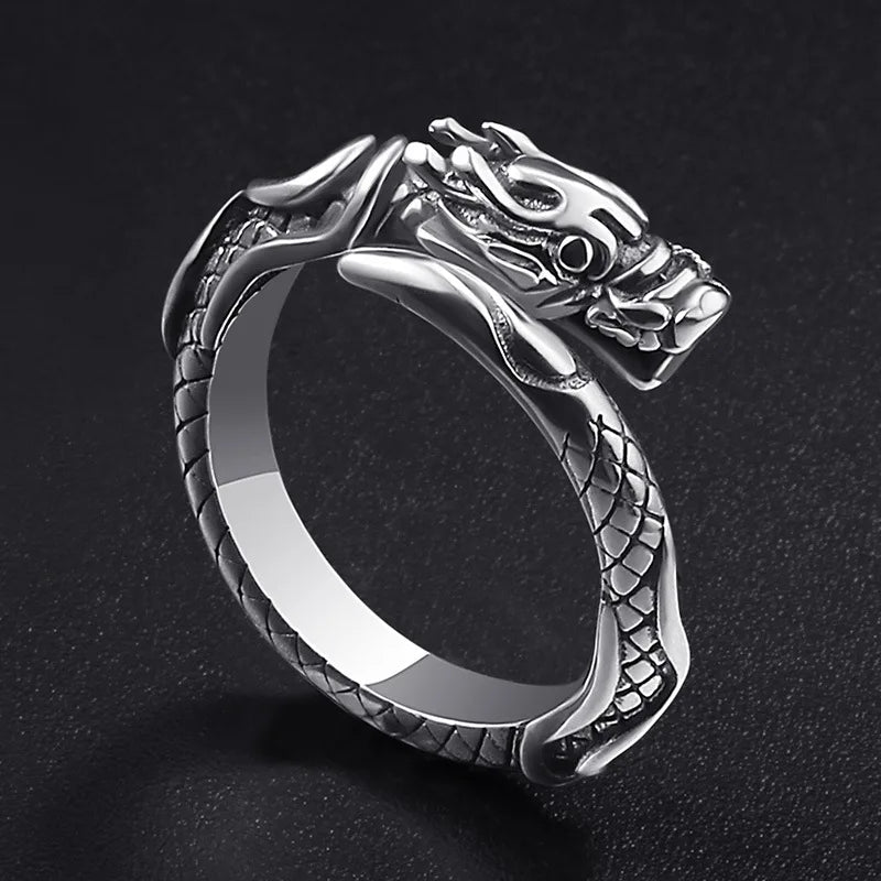 Chinese Dragon Animal Band Ring for Men Women — Silver-Tone