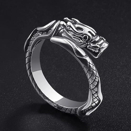 Chinese Dragon Animal Band Ring for Men Women — Silver-Tone