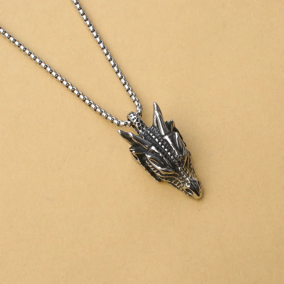 Silver Dragon Head Pendant Necklace Stainless Steel