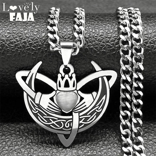 Claddagh Heart Celtic Knot Steel Pendant Crescent Moon