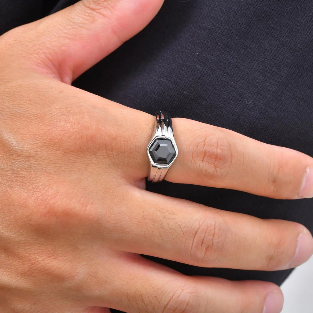 Stylish Black Stone Signet Ring for Men,Stainless Steel Geometric Zircon Band,New Punk Statement Jewelry Gift