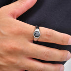 Stylish Black Stone Signet Ring for Men,Stainless Steel Geometric Zircon Band,New Punk Statement Jewelry Gift
