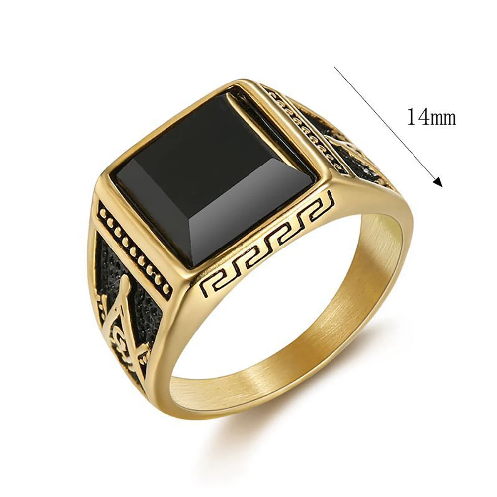 Vintage Black Square Rings For Men Women 316L Stainless Steel Gothic Fashion Masonic Letter G Ring Biker Jewelry Accessories