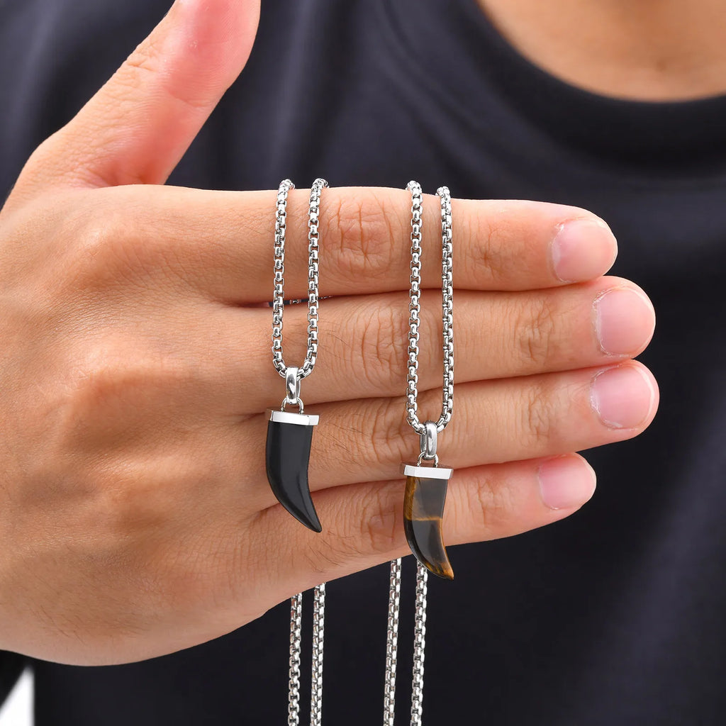 Stylish Natural Stone Horn Necklace for Men,Stainless Steel Black Agate Tiger Eye Stone Pendant Necklace,Healing Amulet Jewelry