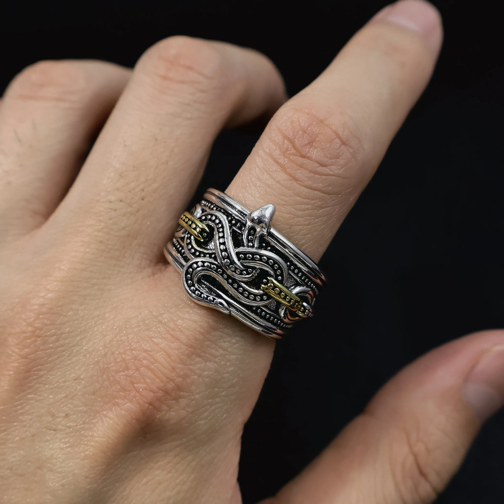 Retro Chained Snake Adjustable Open Ring For Men Silver-plated Copper Gothic Punk Edgy Indie Jewelry Niche Accessories