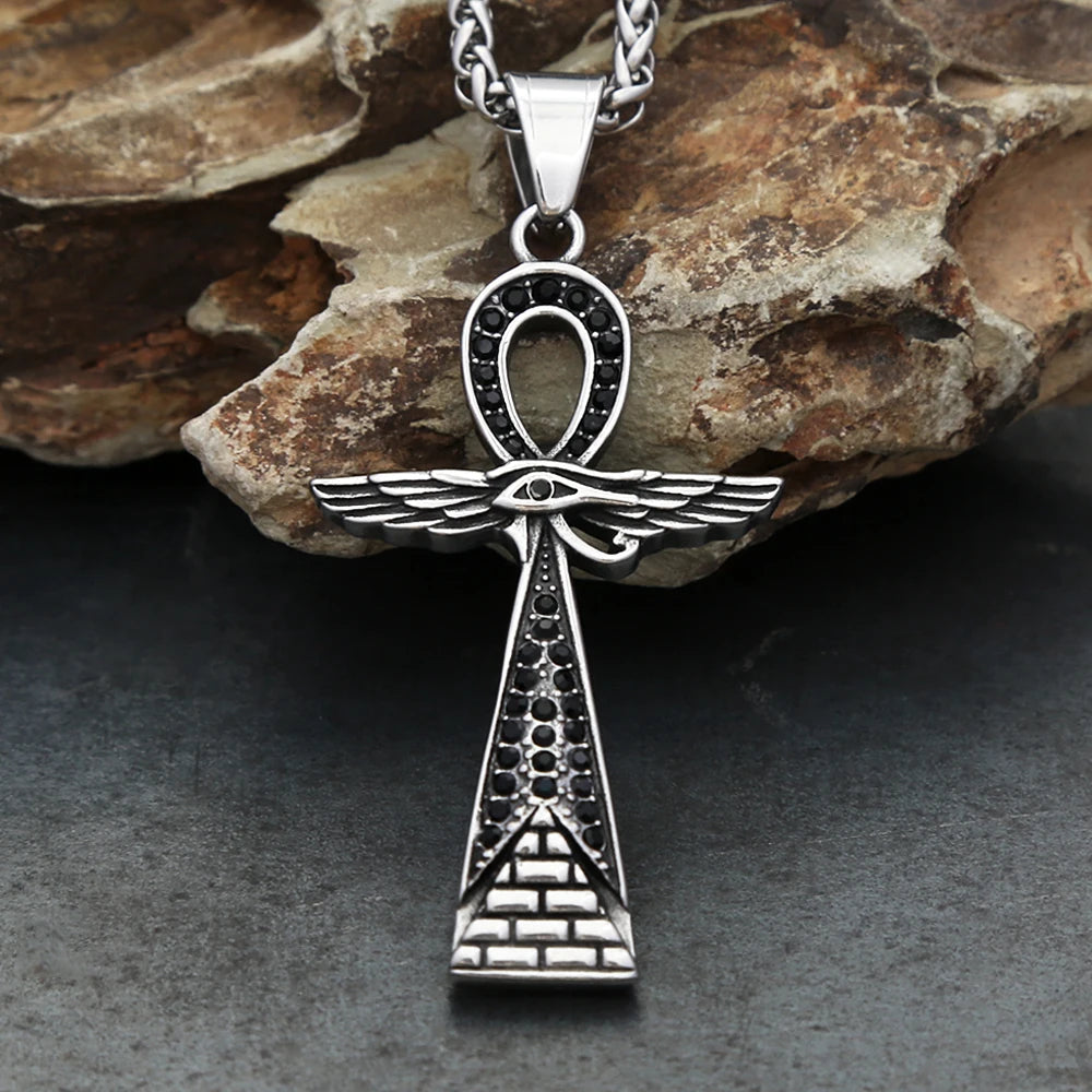 New Fashion Ancient Egyptian Ankh Cross Pendant With Eye of Horus Necklaces For Men Women Stainless Steel Amulet