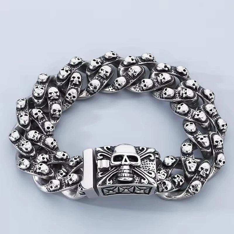 Punk Skull Charm Bracelets For Men Stainless Steel Cuban Chain Men Bangle Bracelet Silver Black Color Skeleton Jewelry