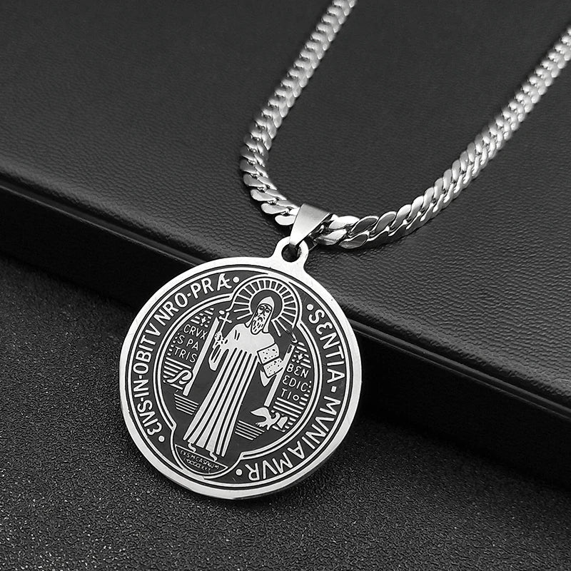 San Benito Exorcist Pendant Necklace for Women Men Stainless Steel Christian Saint Benedict Religious Amulet Chain