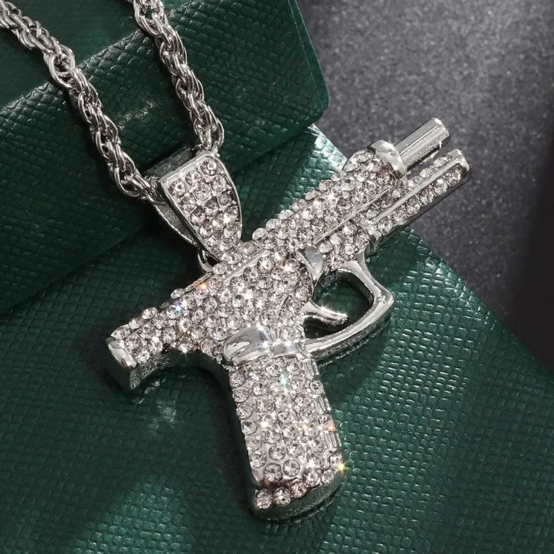 Fine Rifle Pistol Desert Eagle Pendant Luxury Gold Plated Full Ice Crystal Zirconia Necklace Gift for Men and Women