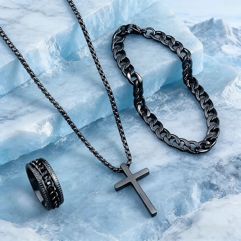 Black Cross Cuban Chain Necklace Ring Bracelet Set