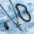 Black Cross Cuban Chain Necklace Ring Bracelet Set