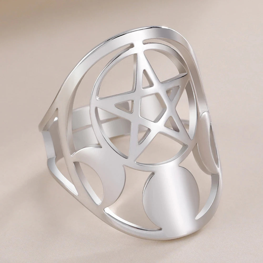 Dawapara Pentagram Adjustable Ring for Men Women Triquetra Cross Star OM Symbol Religious Gift Stainless Steel Jewelry