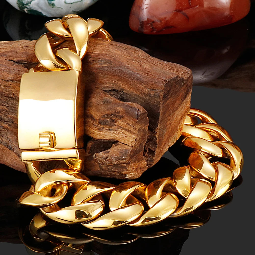 17MM Thick 316L Stainless Steel Cuban Link Chain Waterproof Gold Color Men's Bracelets Minimalist Retro Male Jewelry