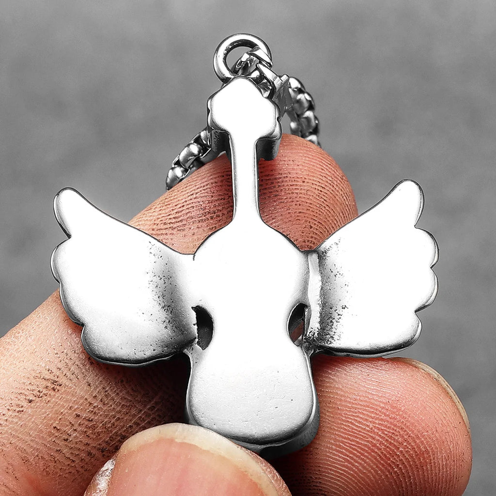 Angel Wings Violin Pendant Necklace Stainless Steel