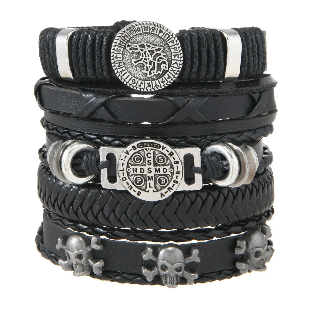 Fashion Vintage Multi Layer Men’s Bracelets Cross Bone Skull Head Retro Scripture Wolf Head Punk Style Leather Bracelets Gifts