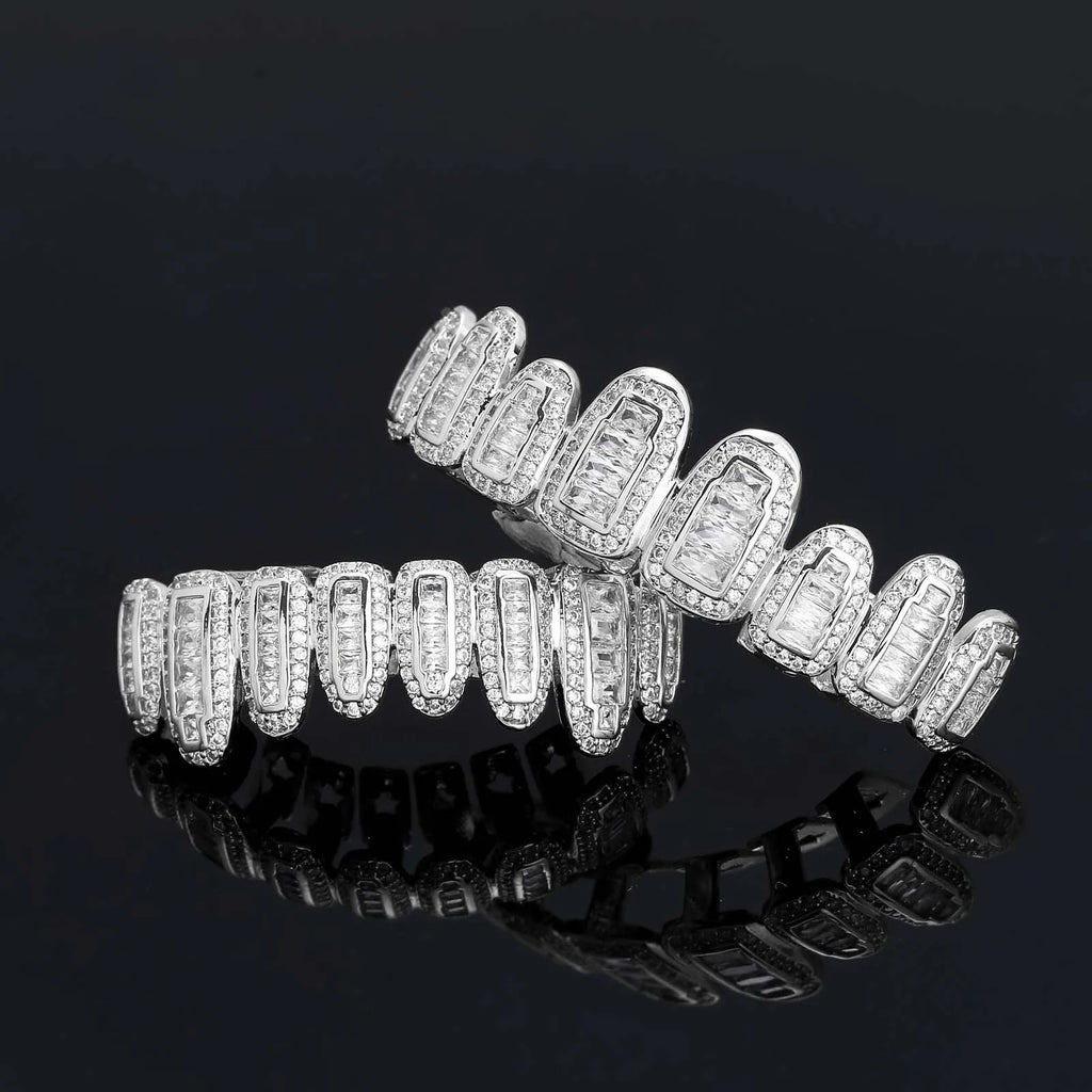 Iced Out Grillz Teeth Set Top & Bottom Hip Hop Pave Baguette CZ Dental Grills Gold Silver Color Party Cosplay Jewelry