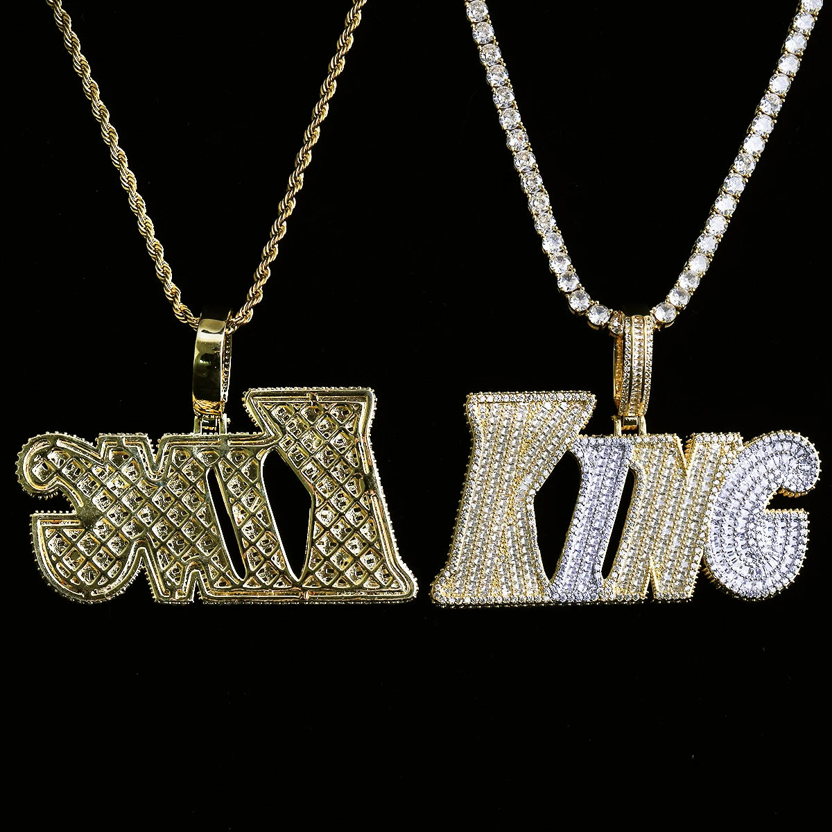 Aokaishen Iced Out King Necklace Pendant for Men 5A Cubic Zirconia Prong Setting Hip Hop Jewelry