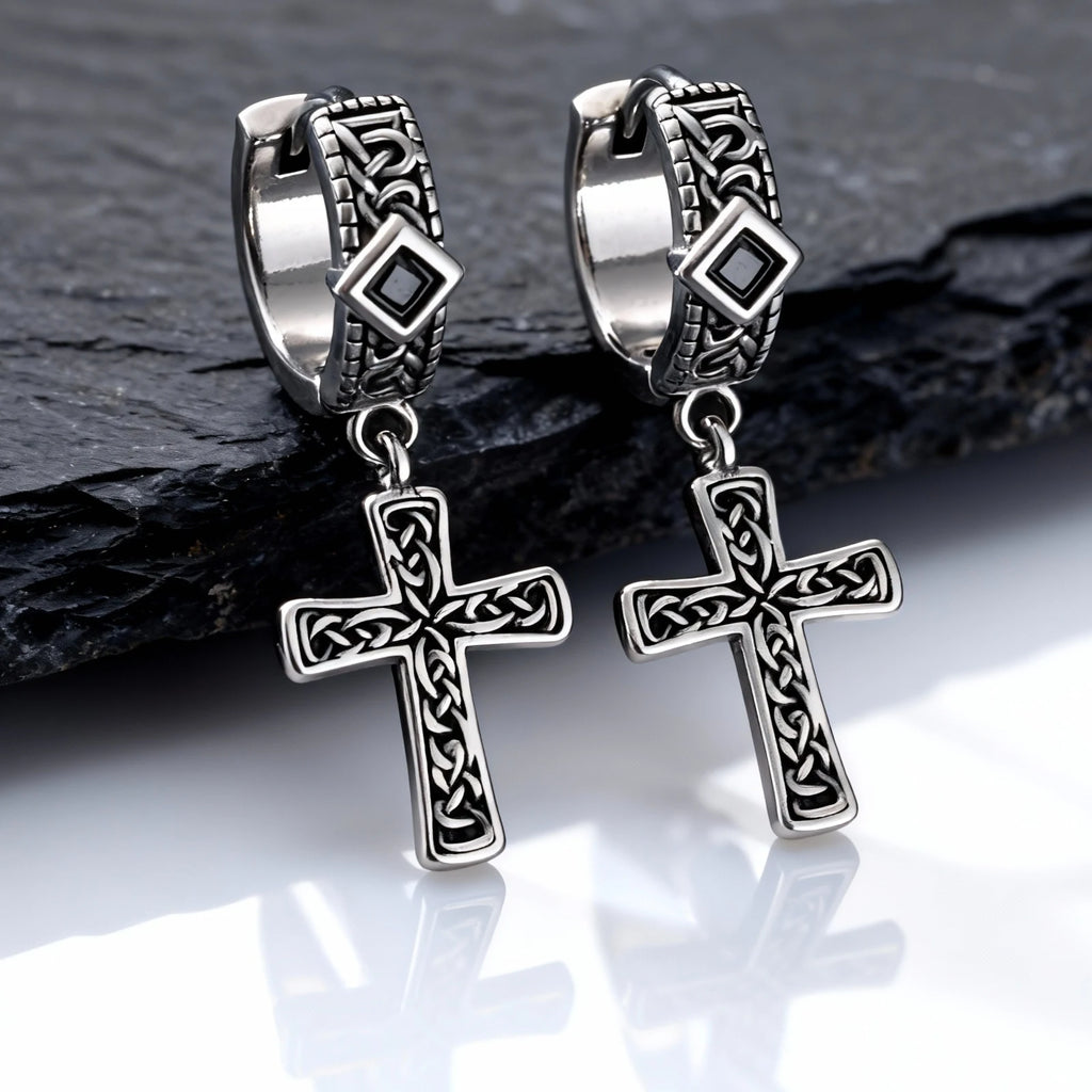 Celtic Knot Cross Hoop Earrings for Men — Black Square Drop