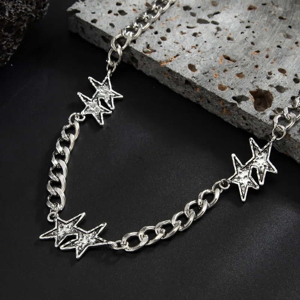 Grooved Five-Point Star Chain Necklace — Silver