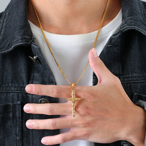 Cross Jesus Gold Pendant Necklace — Steel Unisex