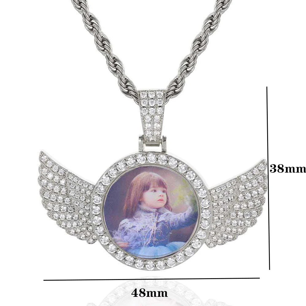 Angel Wing Photo Pendant Necklace Iced Out CZ