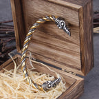 Viking Odin’s Ravens Head Bracelet Stainless Steel Twisted Open Cuff Norse Mythology Amulet Wristband for Men with wood box
