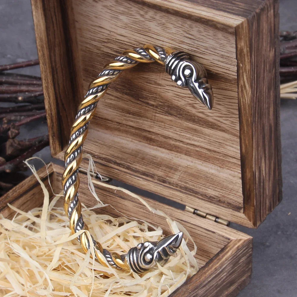 Viking Odin’s Ravens Head Bracelet Stainless Steel Twisted Open Cuff Norse Mythology Amulet Wristband for Men with wood box
