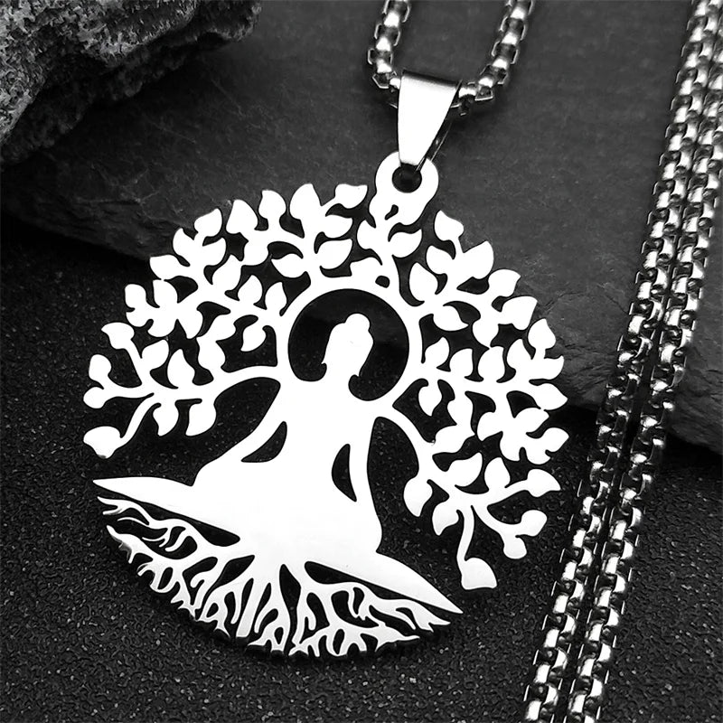 Buddhism Meditation Buddha Yoga Pendant Necklace Stainless Steel Tree of Life Buddhist Chakras Reiki Chain Jewelry Collar