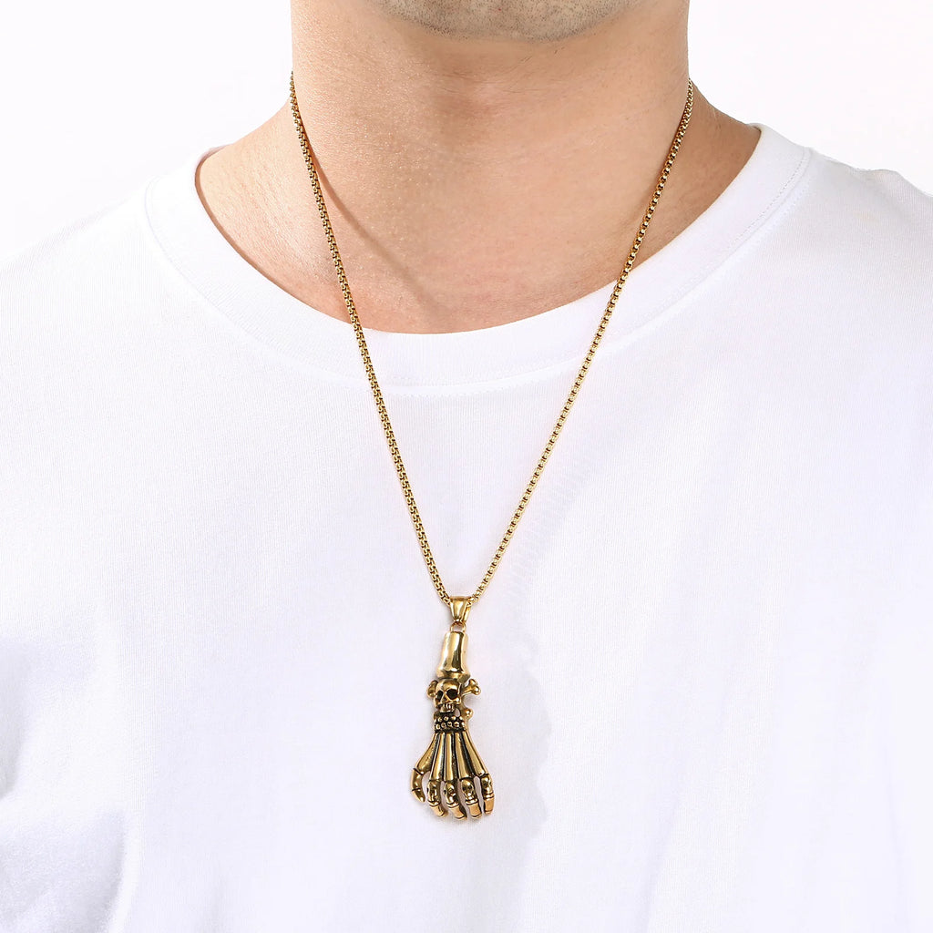 Gothic Skull Palm Pendant Necklace — Stainless Steel