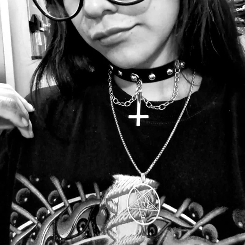 Gothic Cross Leather Choker Necklace — Stainless Steel