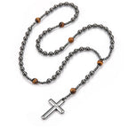 Black Hematite Round Beads Yellow Tiger-eye Stone Cross Pendant Necklace for Men and Women