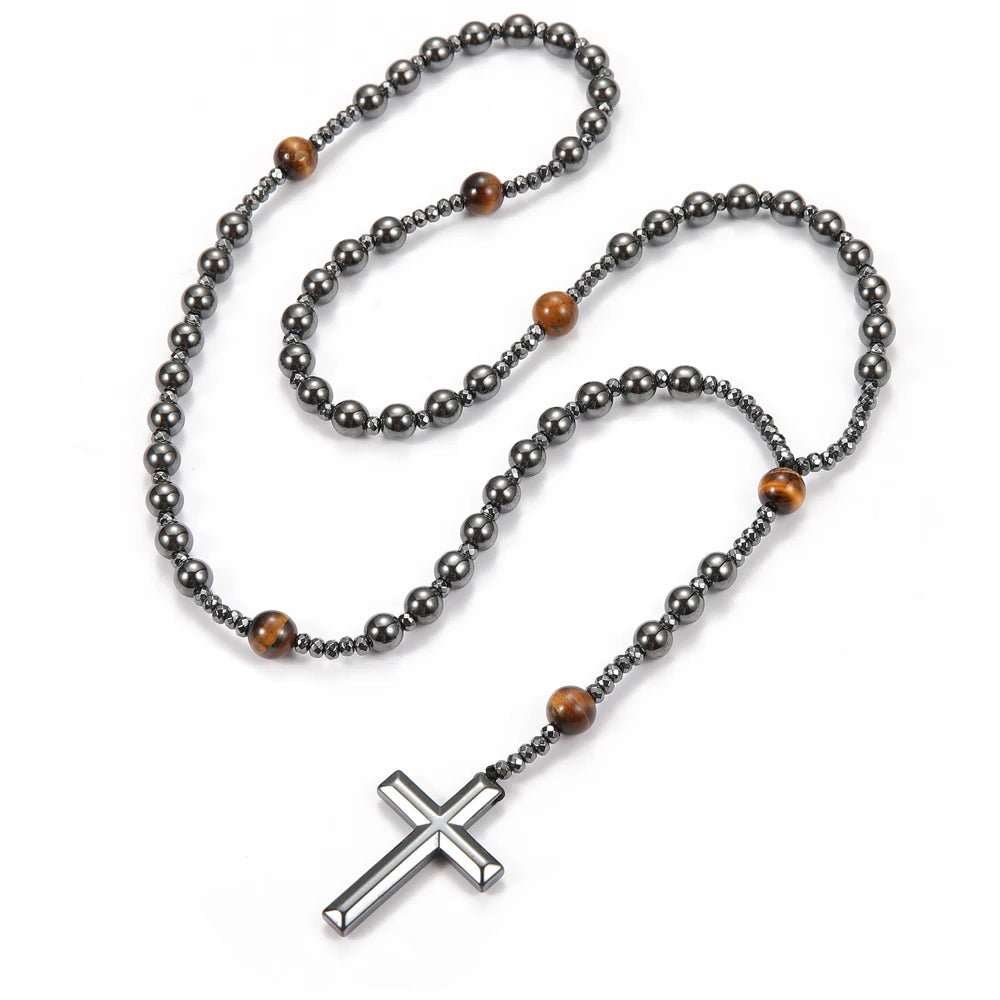 Black Hematite Round Beads Yellow Tiger-eye Stone Cross Pendant Necklace for Men and Women