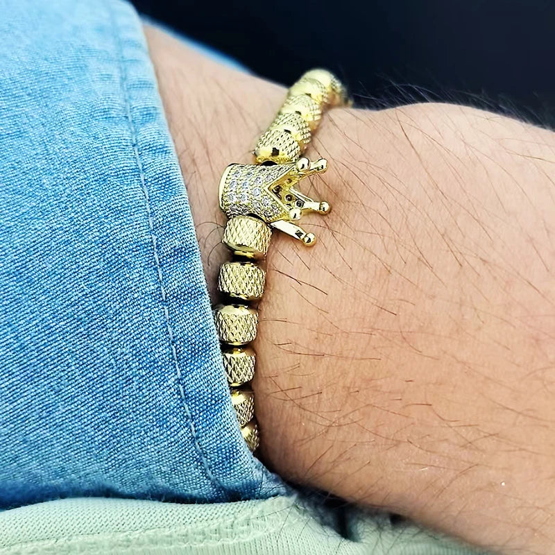 Luxury Stainless Steel Beads Royal Gold Crown Charm Man Bracelet Handmade Women Jewelry Gift