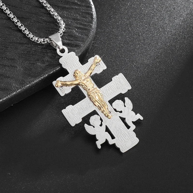 Vintage Christian Ice Crystal Jesus Head Pendant Necklace for Men and Women Cross Catholic Amulet Jewelry