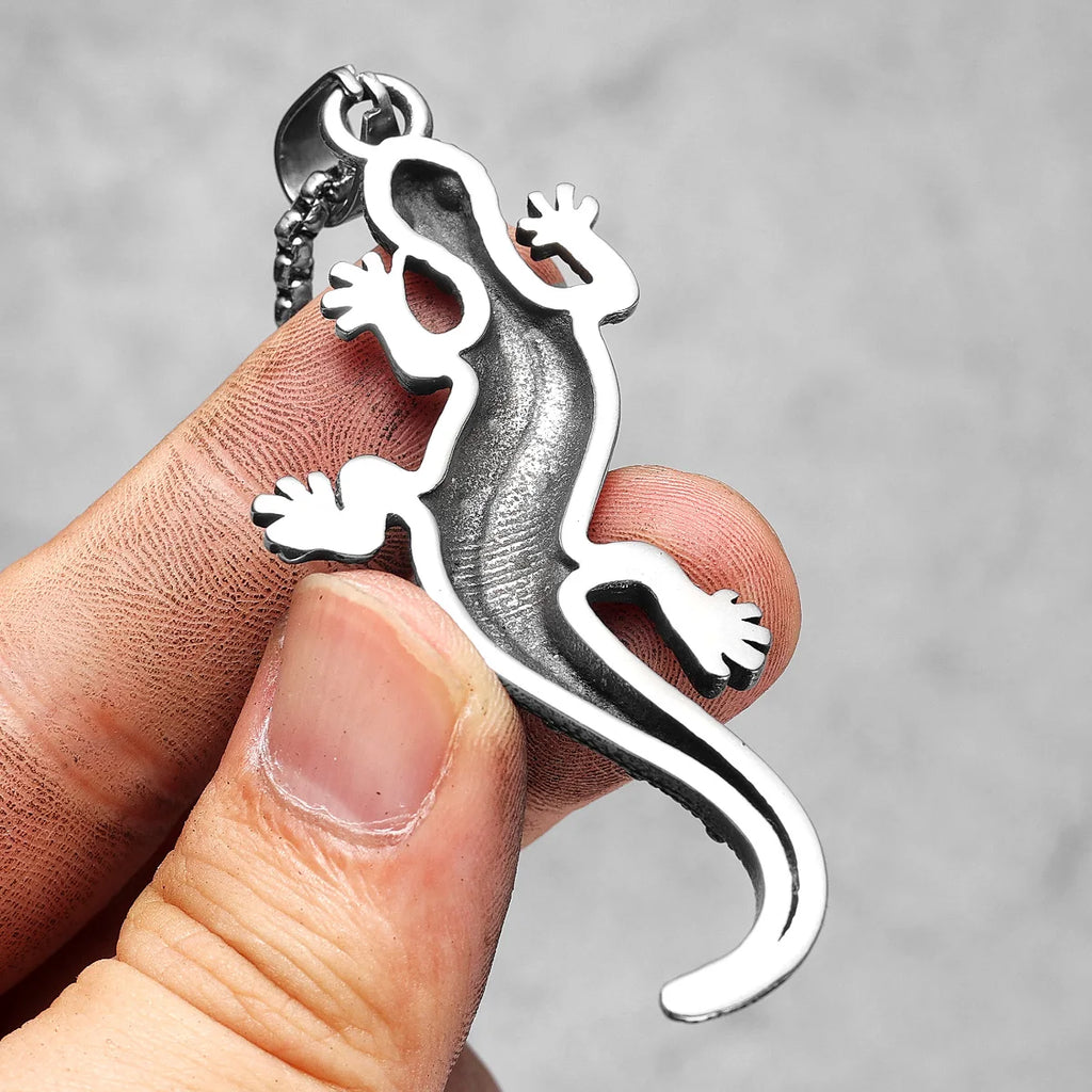 Studded Gecko Pendant Necklace — Stainless Steel