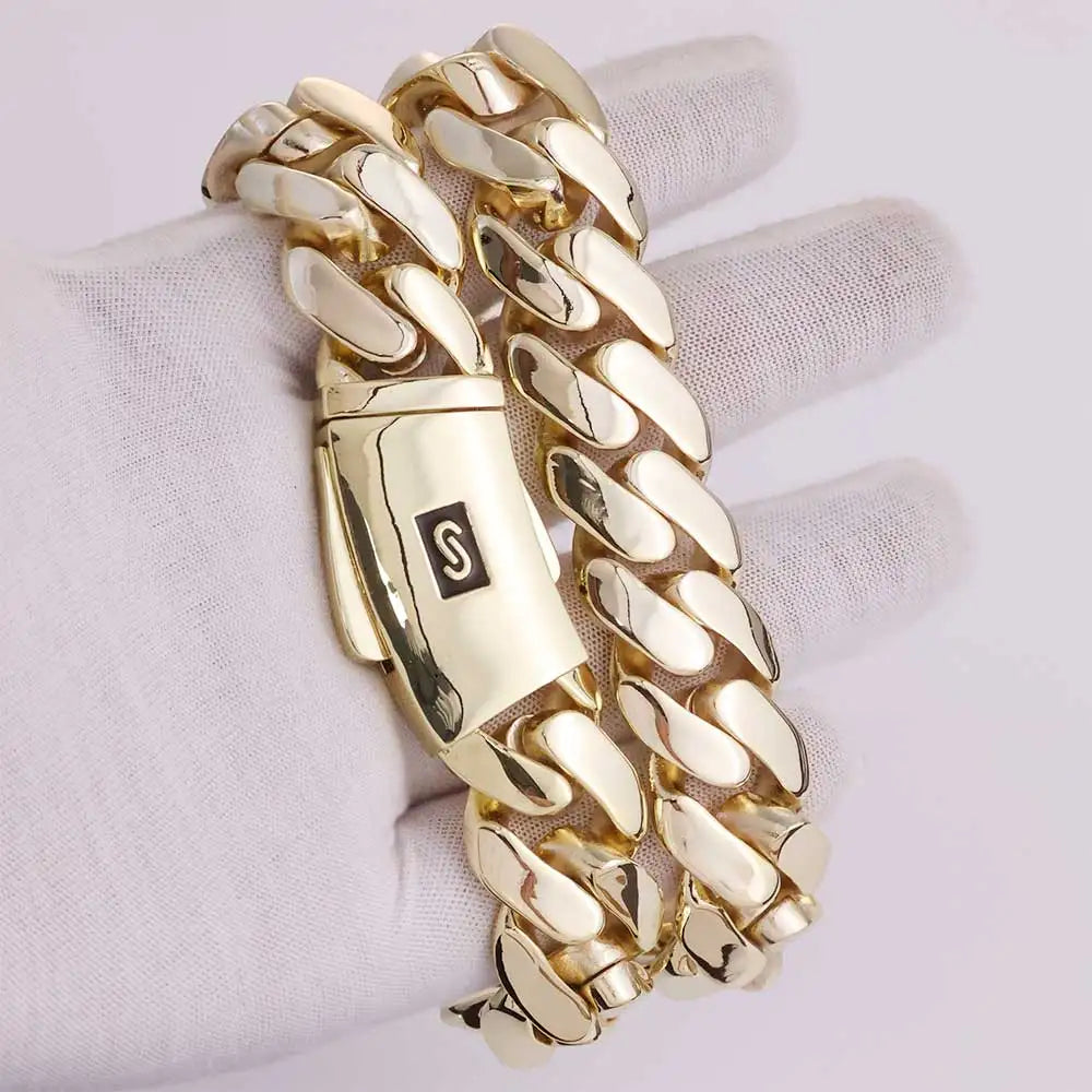 Gold Cuban Chain Necklace 14K Monaco Lock