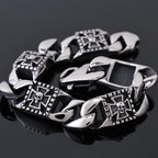 Punk Skull Bracelet Men's Black Stainless Steel Vintage Cuban Link Chain Bracelet with Skulls Spring Clasp Gothic Biker