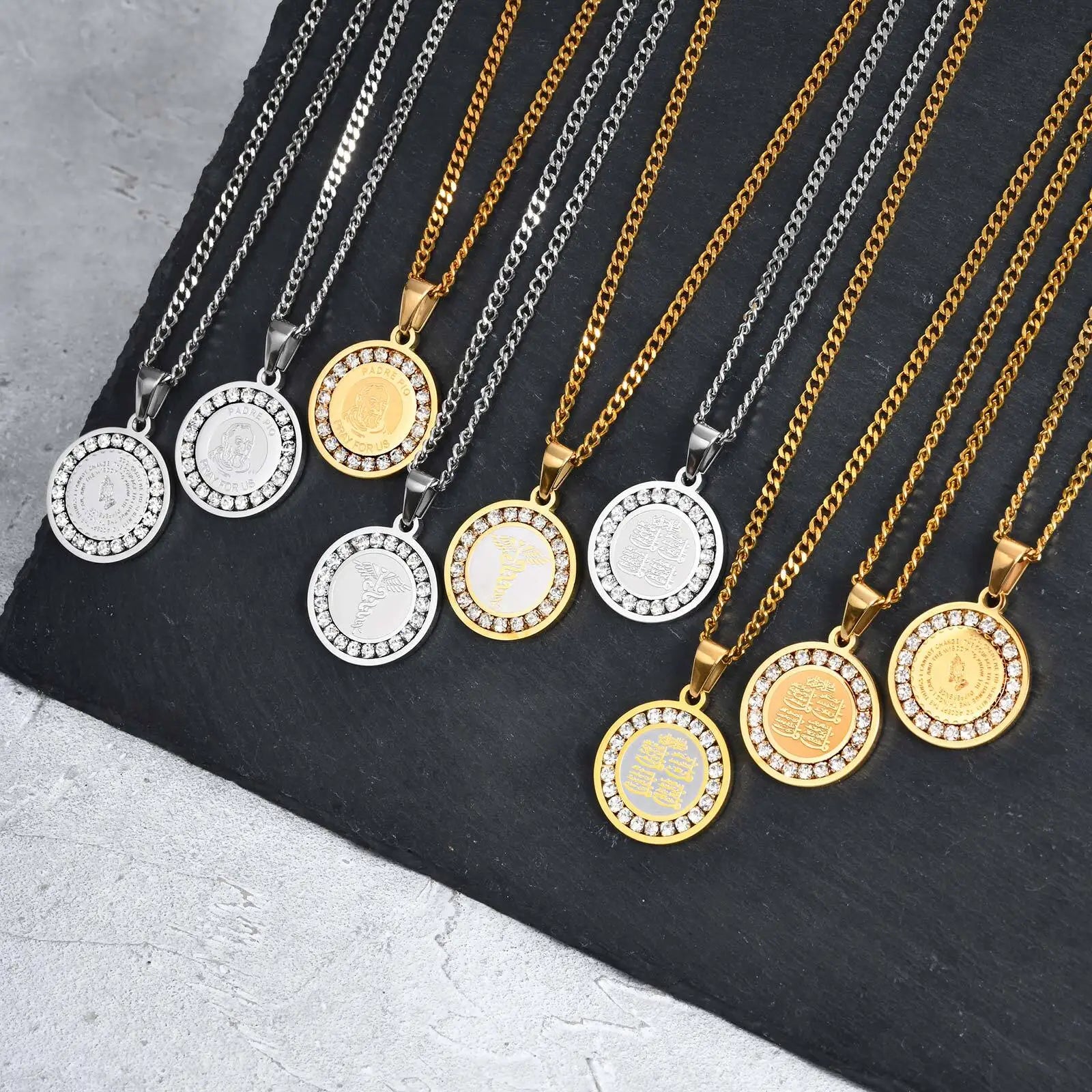 Iced Out Prayer Coin Pendant Necklace — Stainless Steel