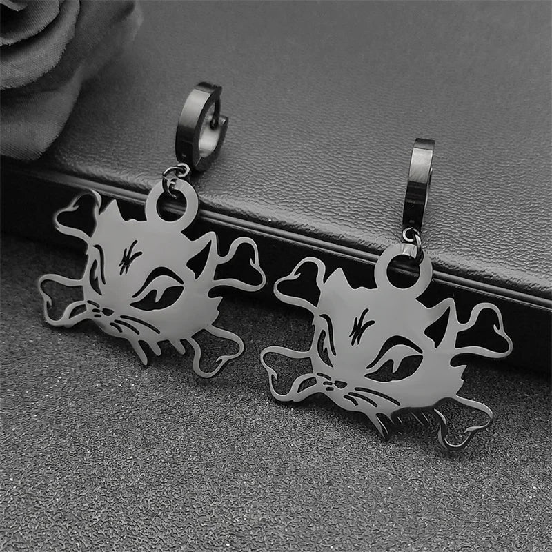 Cat Silver Earrings Vintage Head Bone Hoop Gothic