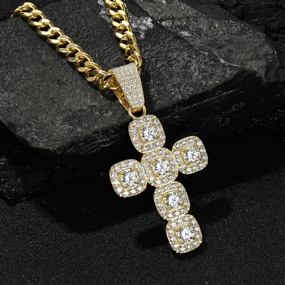 Lnngy 6.0mm Moissanite Necklaces European and American Hip-hop Cross-Shaped Pendant Necklace for Men Jewelry
