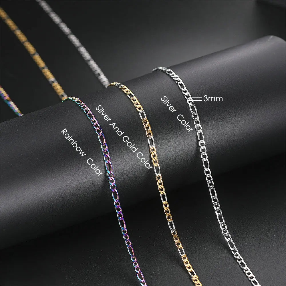 Gold Figaro Cuban Chain Necklace 3MM Stainless Steel