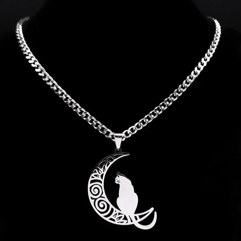 Wicca Moon Cat Choker — Stainless Steel