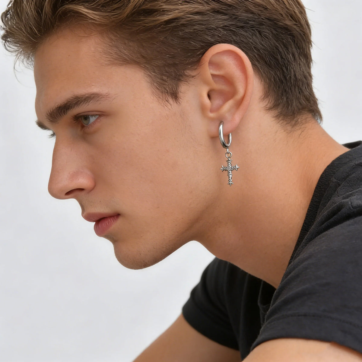Punk Gothic Thorn Cross Pendant Hoop Earrings, Cool Hip Hop Stainless Steel Drop Earrings, Fashion Daily Party Jewelry