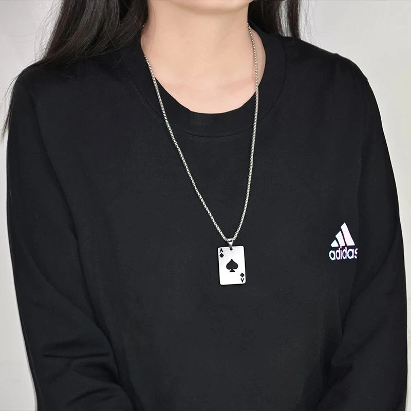 Punk Stainless Steel Playing Card Poker Pendant Necklace for Men Boys Hip Hop Lucky Ace of Spades Charm Necklace Women Jewelry